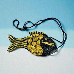 Vtg Sequin Fish Bag Gold Beaded Crossbody Shoulder Resort Beach 70s 80s Boho